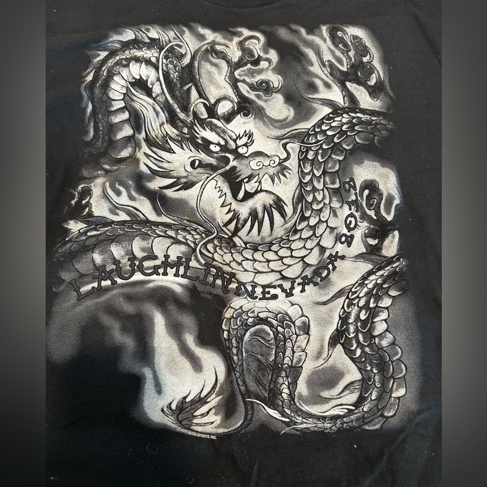 Men’s Laughlin Nevada River Run 2012 Dragon Motorcycle Tattoo Black Graphic Tee.
